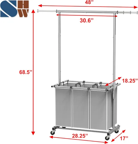 Miniatura 2 de Simple Houseware Clasificador de ropa de 3 bolsas con barra extensible para colgar ropa Plata