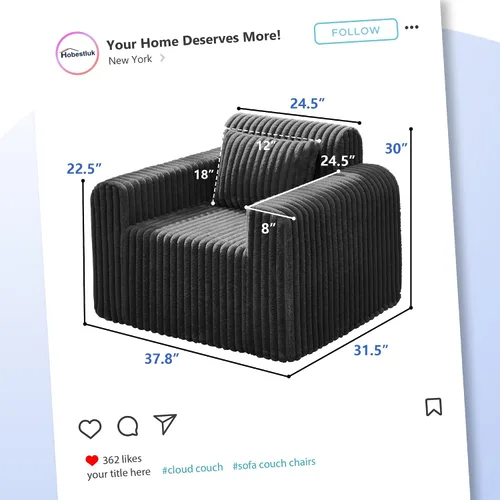 Miniatura 2 de Hobestluk Sofá Individual de Espuma Sillón Sofá para Espacios Pequeños Sofás Cómodos con Funda Extraíble Sofá Peludo con Almohadas para Sala de Negro