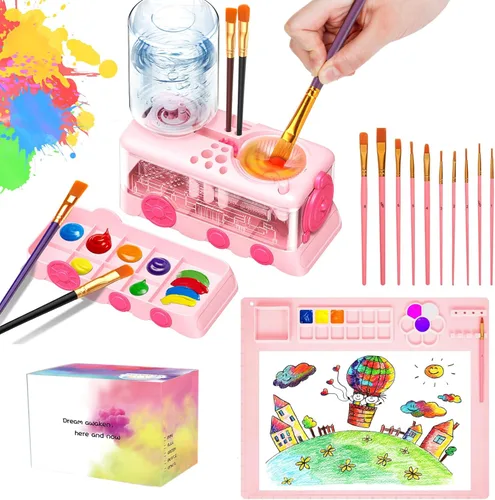 Miniatura 9 de Kit de limpieza de pinceles para niños con 5 pinceles, bata de arte, tapete lavable, guía, tarro limpiador de pinceles en espiral para acuarela