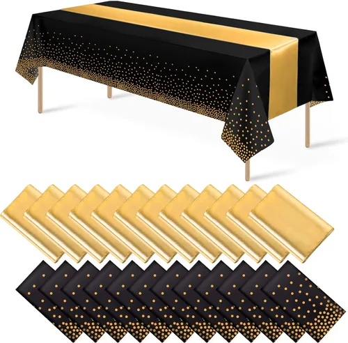 Miniatura 24 de 16 paquetes de manteles de plástico desechables y juego de camino de mesa de satén negro dorado con puntos dorados para graduación, boda