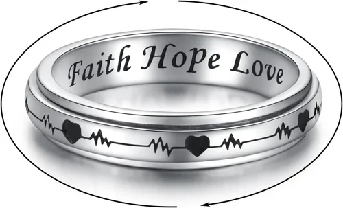 Miniatura 32 de 925 Sterling Silver Spinner Fidget Ring for Women: Musical Note Viking Rune Heartbeat Anxiety Stress Relieving Rotatable Ring Faith Hope Love