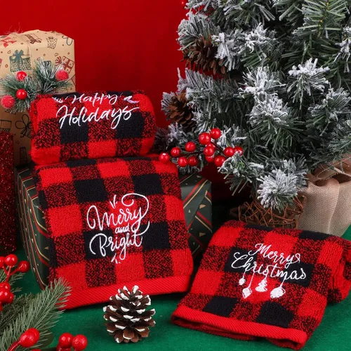 Miniatura 4 de MCEAST Paquete de 3 toallas de mano de Navidad, 18 x 14 pulgadas, color rojo y negro, a cuadros, suaves, toallas de algodón puro para baño, cocina