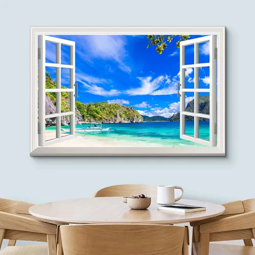 Miniatura 3 de wall26 Lienzo impreso para pared, vista de ventana a barco y playa tropical, isla de naturaleza, desierto, fotografía, realismo, paisaje rústico