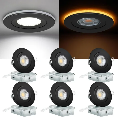 KnLnny Ware Luces empotradas con cardán negras de 4 pulgadas con luz nocturna, paquete de 6, luces empotradas con cardán sin carcasa con caja de