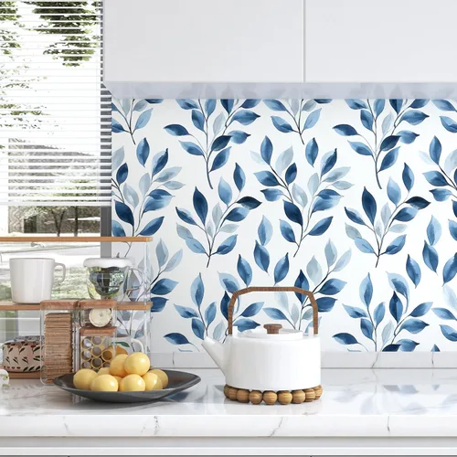 Miniatura 3 de Papel Tapiz Despegable de Hojas Azules Boho, Diseño de Hojas Azules Moderno Vinilo Autoadhesivo Papel de Contacto Casual Estilo Granja para Cajón