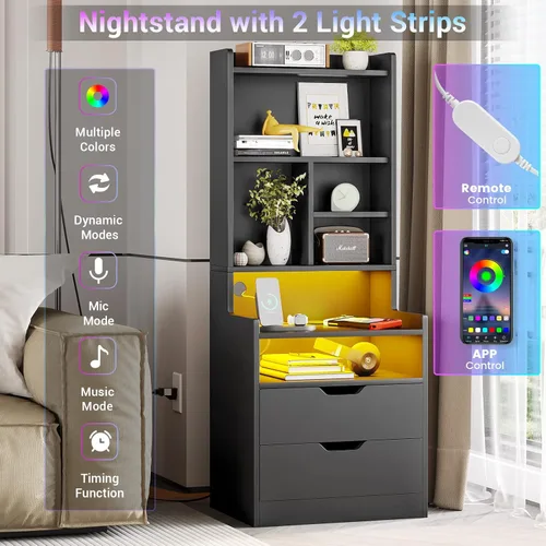 Miniatura 3 de BTHFST Mesita de noche alta con luces LED y estación de carga, mesita de noche LED negra con estantes y 2 cajones, mesita de noche con estantería