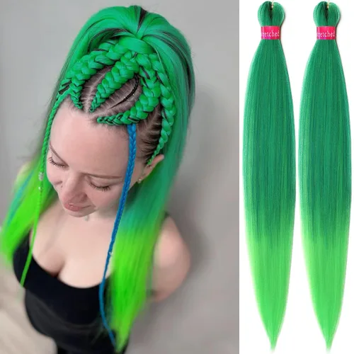 Miniatura 14 de Cabello trenzado verde con lentejuelas de 26 pulgadas, preestirado, trenzas de textura Yaki, extensiones de cabello pre plumadas, 3 paquetes, fácil