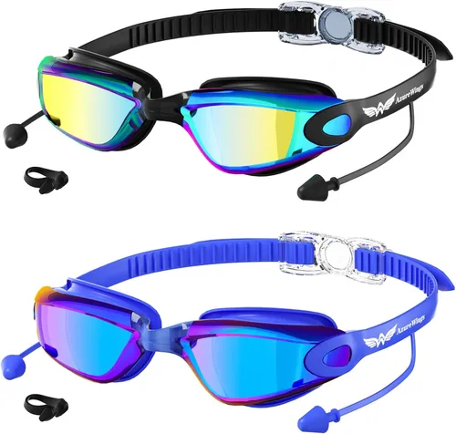 Paquete de 2 gafas de natación sin fugas, antivaho y UV, gafas de natación para adultos, hombres y mujeres, lentes de policarbonato con espejo HD de