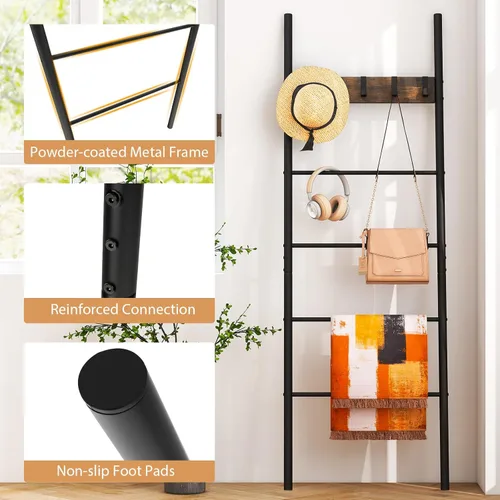 Miniatura 6 de Tangkula Escalera para mantas, estante de escalera de 5 niveles con 5 ganchos extraíbles, soporte decorativo para manta inclinado en la pared