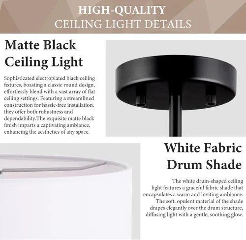 Miniatura 4 de Lámpara de Techo Semiempotrada de 3 Luces, Lámpara de Tambor Negra de 13", Luz de Techo Moderna Cercana al Techo con Pantallas de Tela Blanca Tela