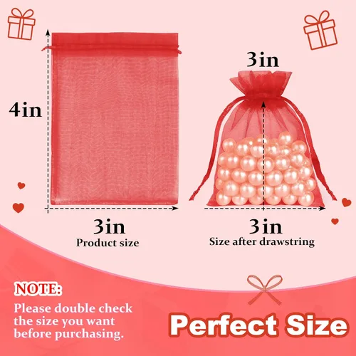 Miniatura 2 de Crweety 50 bolsas de organza roja de 3 x 4 pulgadas, pequeñas bolsas de regalo de malla con cordón, bolsa de regalo transparente para bolsita