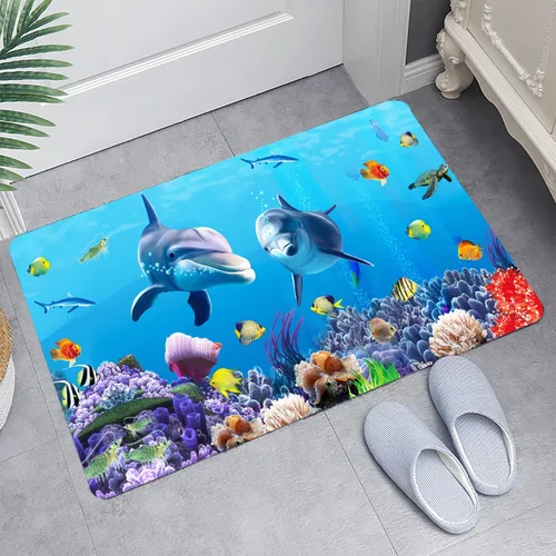 Miniatura 10 de LYFANS Alfombras absorbentes y antideslizantes para uso en cocina y baño, alfombrillas modernas de arte azul con delfín en 3D (61x41 cm)