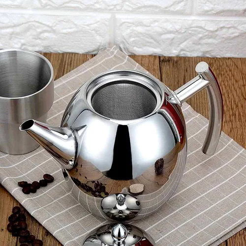 Miniatura 5 de Jarra de café de acero inoxidable de 1,5 litros, con fondo plano grueso, acabado brillante, filtro incluido para el hogar, hotel, cafetería, bar