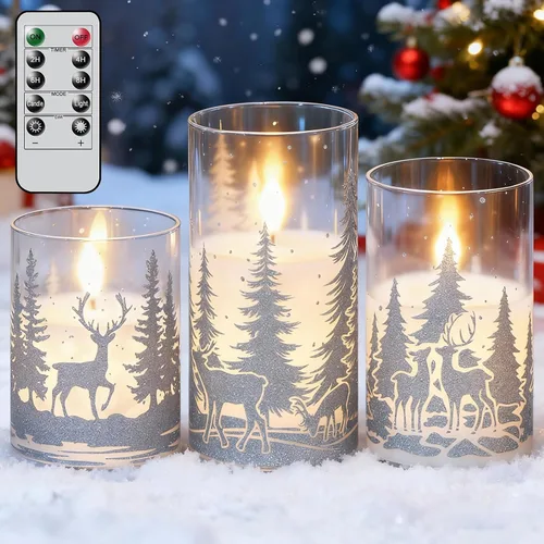Velas de Navidad sin llama con calcomanías de reno plateado, paquete de 3 velas LED de vidrio a pilas con temporizador remoto, velas de pilar con