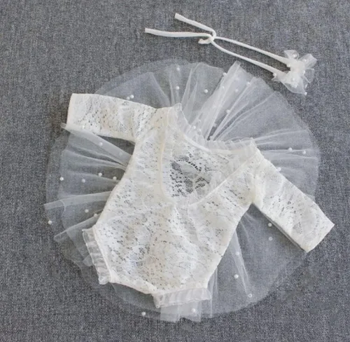 Miniatura 6 de Traje de fotografía para bebé, traje de encaje para recién nacido, sesión de fotos, diadema de flores, disfraz de princesa Blanco B