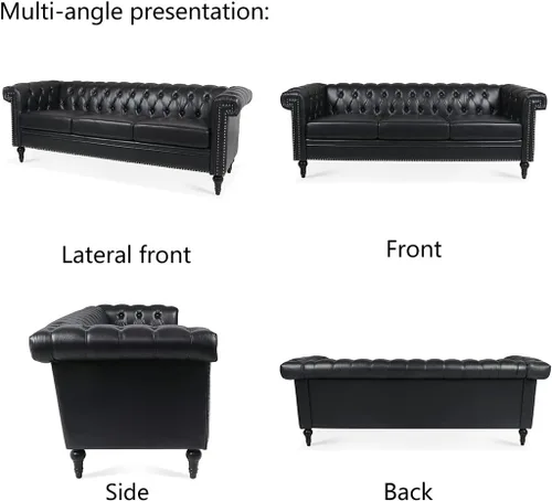 Miniatura 7 de Sofá Chesterfield moderno de 83.5 pulgadas, sofá de 3 plazas con brazo enrollado, tapizado de cabeza de clavo, sofás de piel sintética para sala