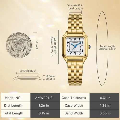 Miniatura 2 de Relojes dorados para mujer, pulsera pequeña, esfera de números arábigos, correa de acero inoxidable, caja rectangular de cuarzo para mujer, reloj