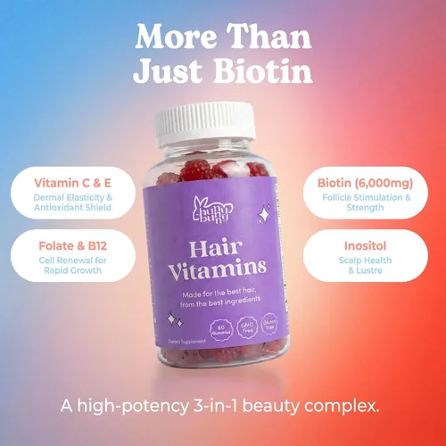 Miniatura 5 de Hunny Bunny Gomitas de vitaminas para el cabello, la piel y las uñas, para mujeres y hombres, biotina con ácido fólico, B12, colágeno, zinc, sin