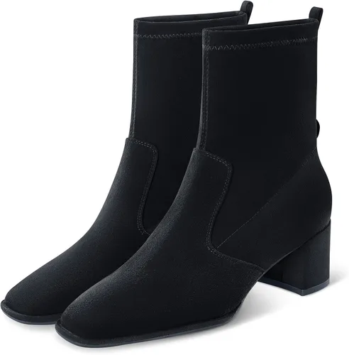 Miniatura 3 de 7or9 Botines de tacón medio para mujer con suela de lengüeta Chelsea Fashion Go Go Botas hasta la rodilla Botas de tacón grueso de lana - Negro