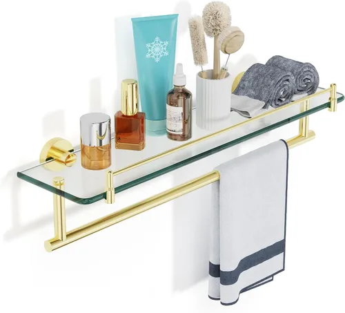 Miniatura 16 de Estante de baño flotante de vidrio templado con toallero, níquel cepillado y acero inoxidable, montaje en pared de 16 pulgadas
