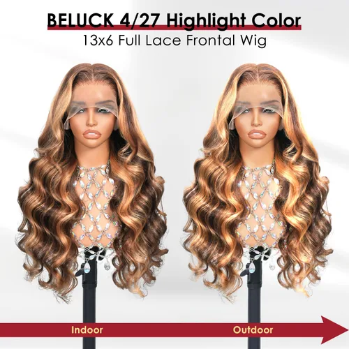 Miniatura 4 de Beluck Pelucas de cabello humano rubio miel ondulado de 13 x 6 pulgadas, densidad 210, ombré, HD, encaje frontal, pelucas de cabello humano