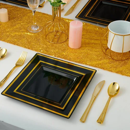 Miniatura 2 de JOLLY CHEF 125 piezas de platos cuadrados de plástico negro y dorado, incluyendo 25 desechables para cena, 25 para postre, 25 cuchillos, 25