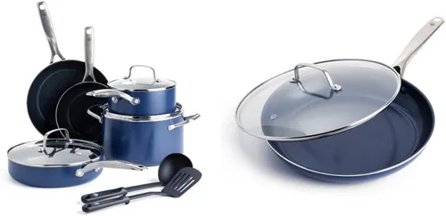 Blue Diamond Sartén de 10 piezas y 12 pulgadas, juego de utensilios de cocina antiadherentes de cerámica con infusión de diamante, color azul