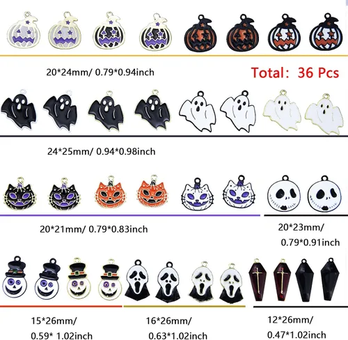 Miniatura 2 de 36 colgantes de Halloween chapados en oro negro esmaltado calabaza fantasma, payaso mago, sombrero de mago de Halloween para hacer joyas, bricolaje