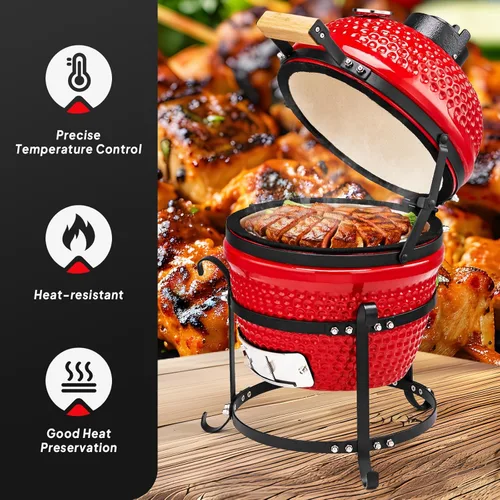 Miniatura 5 de ROVSUN Parrilla de Carbón de Cerámica Esférica Roja de 13 Pulgadas con Forro Interior, Ahumador BBQ Portátil para Cocinar al Aire Libre, Acampar