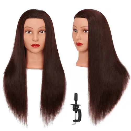 Miniatura 13 de Cabeza de maniquí 26-28" Cabeza de maniqui de fibra sintética Yaki para peluquería, modelo de entrenamiento de cosmetología, cabeza de muñeca