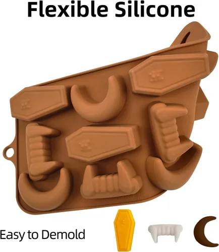 Miniatura 3 de Moldes de silicona para chocolate, moldes para dulces de Halloween, dientes de vampiro, lápida, forma de luna, moldes para cubitos de hielo, juego