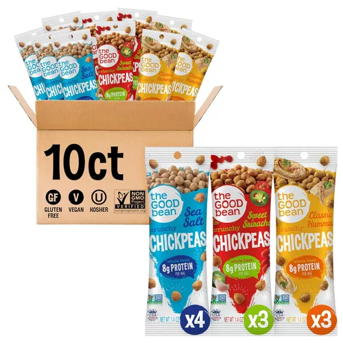 The Good Bean Crunchy Garbanzos – Paquete variado – Paquete de 1.4 onzas – Sriracha dulce, sal marina y granos clásicos de garbanzos tostados de