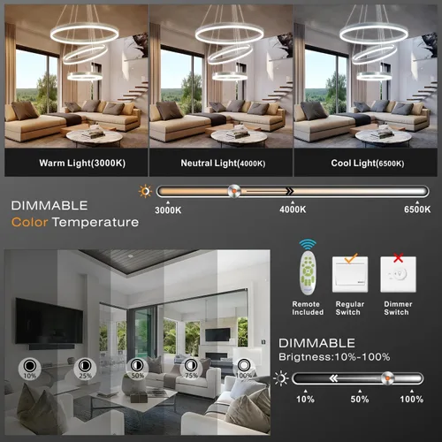 Miniatura 4 de Lámpara colgante LED plateada, lámpara de araña moderna regulable de 3 anillos con control remoto para comedor de techo alto