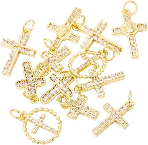 Miniatura 5 de Pandahall - 12 dijes de cruz chapados en oro de 18 quilates, circonita cúbica, colgantes pequeños religiosos con anillos de salto para hacer joyas