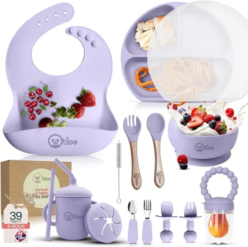Miniatura 12 de O'doe Juego de alimentación para bebé de 17 piezas sin BPA de silicona Placas de succión gruesas y suaves, tazones para bebé, tenedor y cuchara