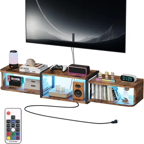 Miniatura 7 de Qupui Soporte flotante para TV montado en pared de 47.2 pulgadas con iluminación LED, moderno estante de consola multimedia de madera con puertos