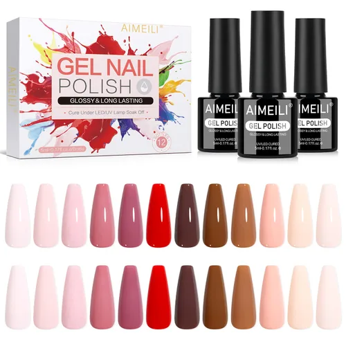 Miniatura 16 de AIMEILI Juego de esmaltes de uñas de gel nude – 12 colores sin hema, gelatina neutra, rosa, blanco lechoso, efecto transparente, manicura