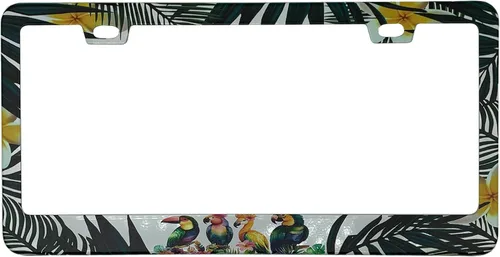 Miniatura 7 de Marco de placa de matrícula con hojas de palma, color rosa y azul, estilo bohemio, con temática hawaiana tropical, de acero inoxidable