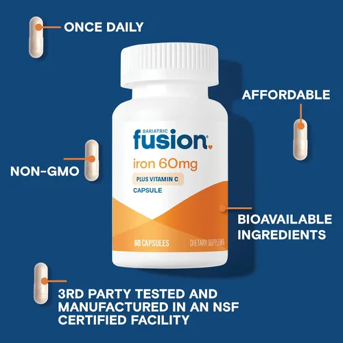 Miniatura 3 de Bariatric Fusion Suplemento de hierro de 60 mg con vitamina C Cápsula fácil de tragar Vitaminas fumarato ferroso para mujeres y hombres Sin