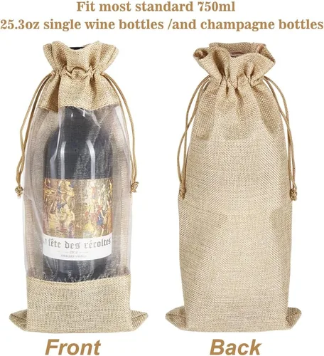 Miniatura 3 de HRX Package 10 piezas de bolsas de vino de arpillera con ventana transparente, bolsas de regalo de botella de tela de arpillera con cordón