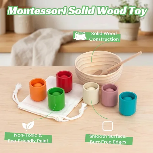 Miniatura 9 de Juguetes Montessori de bolas arcoíris en vasos para niños de 3 años, juegos de madera de preescolar para niños pequeños, juegos de aprendizaje