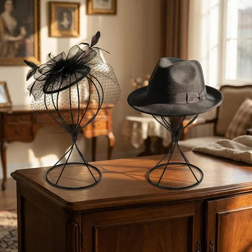 Miniatura 2 de MyGift Soporte de alambre de metal negro para sombrero, estante de exhibición de pelucas, forma de almacenamiento de fedora o gorra de béisbol