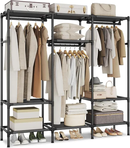 Miniatura 10 de SONGMICS Perchero de ropa resistente, armario portátil independiente de 65 pulgadas con rieles y estantes colgantes, carga total de 242 libras