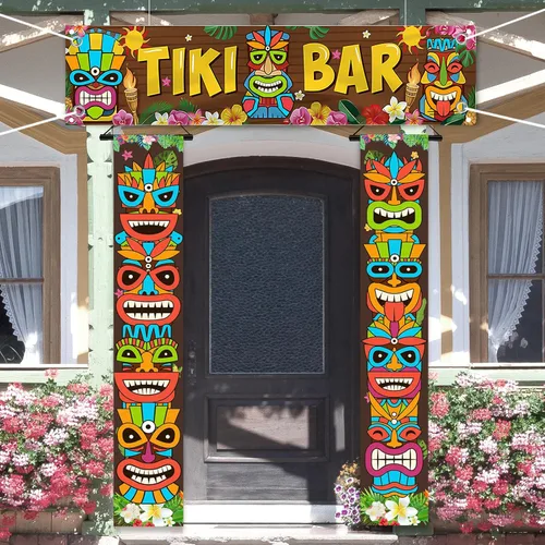 Miniatura 2 de Luau - Cartel para puerta de tótem Tiki, 3 piezas, pancarta de Tiki para porche, cubierta hawaiana para Aloha Hawaii, Moana tropical, cumpleaños