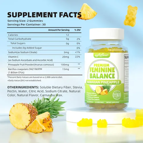 Miniatura 2 de softbear Gomitas de equilibrio femenino prémium para mujer, gomitas de equilibrio de piña y pH para mujeres, olor saludable, flora, vaginal, apoyo