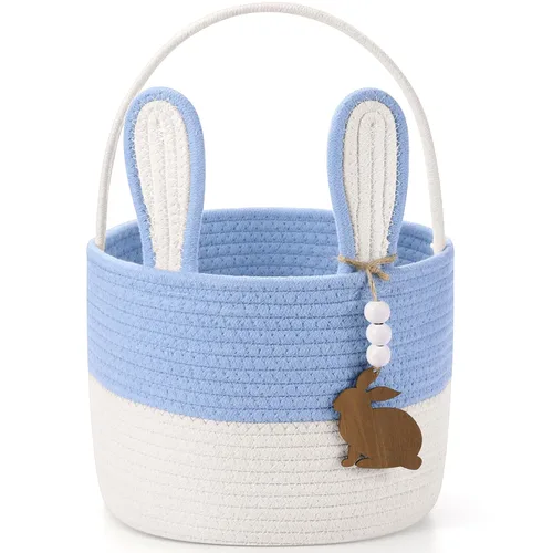 Miniatura 15 de SiliFine Cesta de Pascua para niños, cesta de conejo de Pascua con etiqueta de nombre, oreja de conejo desmontable, regalo tejido rústico para niñas