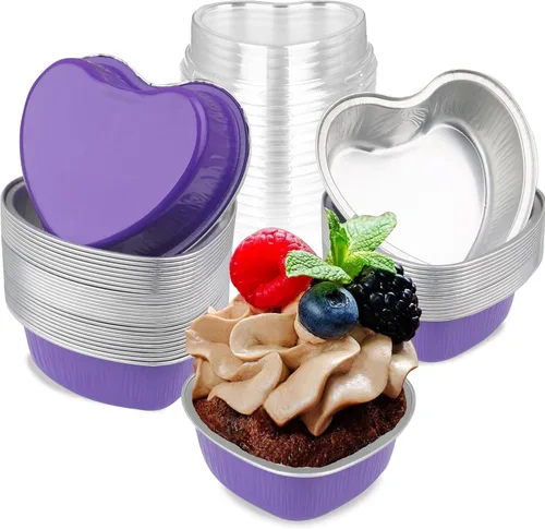 Miniatura 12 de Moldes para pasteles en forma de corazón de 3.5 pulgadas, molde de papel de aluminio con tapas, 25 piezas desechables de corazón pequeño