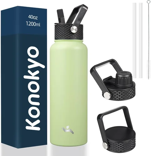 Miniatura 137 de Konokyo - Botella de agua aislada de 18 onzas, botellas deportivas de acero inoxidable con 3 tapas, verde militar