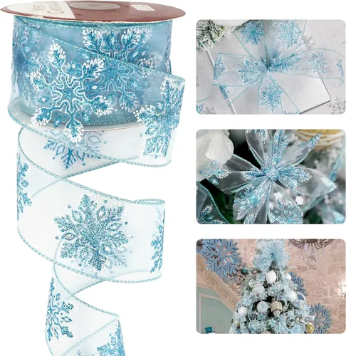 HUIHUANG Cinta con alambre con purpurina de copo de nieve, cinta de copo de nieve azul y blanca para árbol de Navidad, 2-1/2 pulgadas x 25 yardas