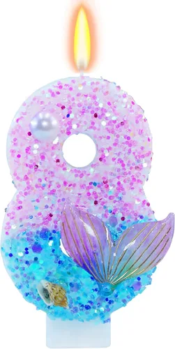 Miniatura 13 de Velas de cumpleaños con temática de sirena, número 4 para niñas, suministros para fiesta de cumpleaños con purpurina, decoración de fiesta